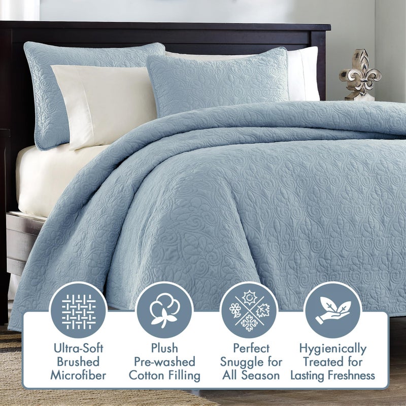 Madison Park Quebec Quilt Set - Luxurious Damask Stitching Design, Cotton Filled Lightweight Coverlet Bedspread Bedding, Shams, Full/Queen(90"x90"), Blue 3 Piece - Image 3